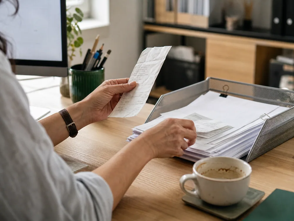 A bookkeeper spot-checking one receipt beside an orderly review tray.