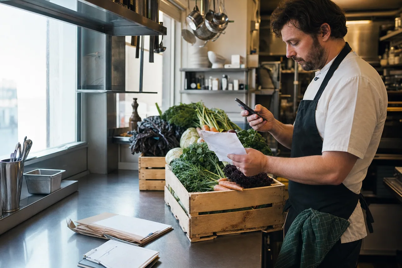 A chef checking a supplier receipt in a restaurant kitchen