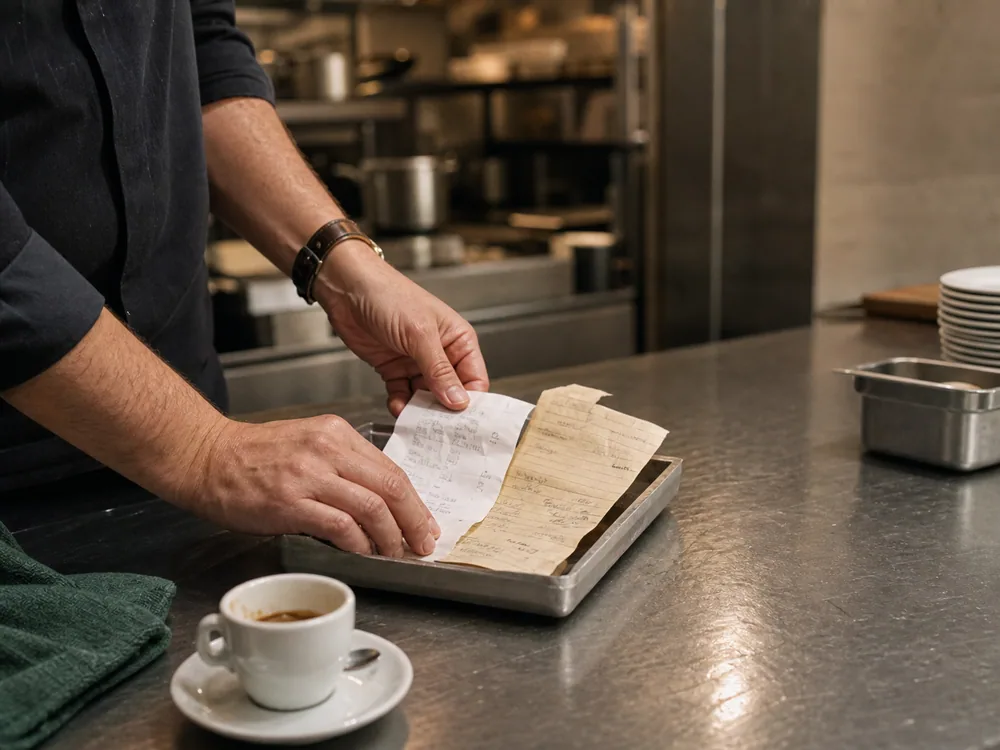 Market receipts being cleared into a tray beside the last espresso of service.