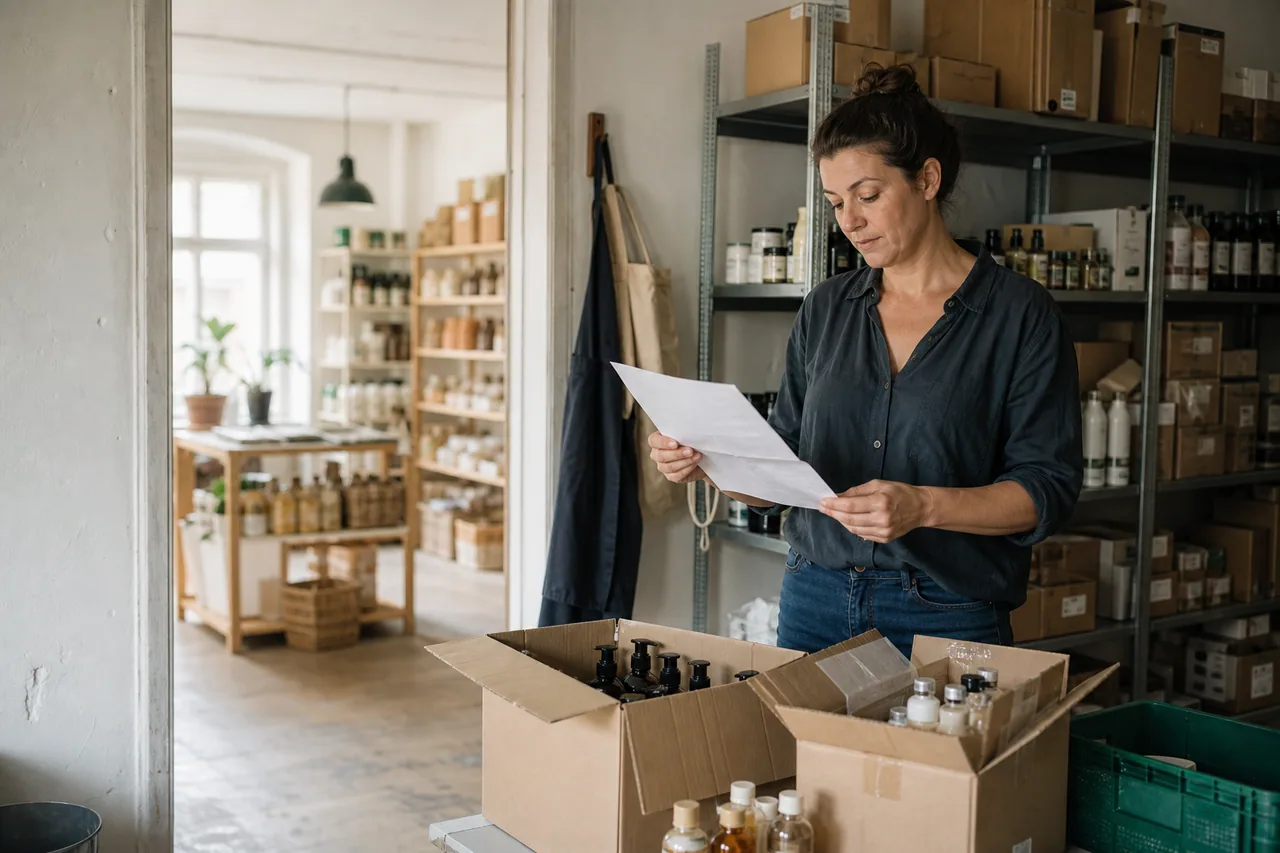 A shop owner reviewing a delivery document in her stockroom