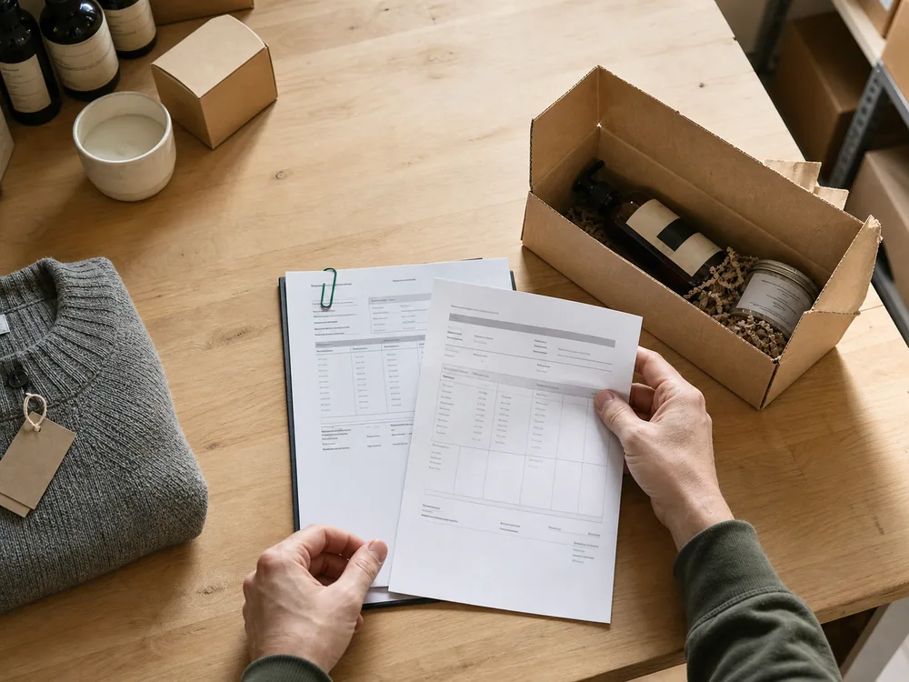 A retailer pairing an invoice and credit memo beside a returned product.