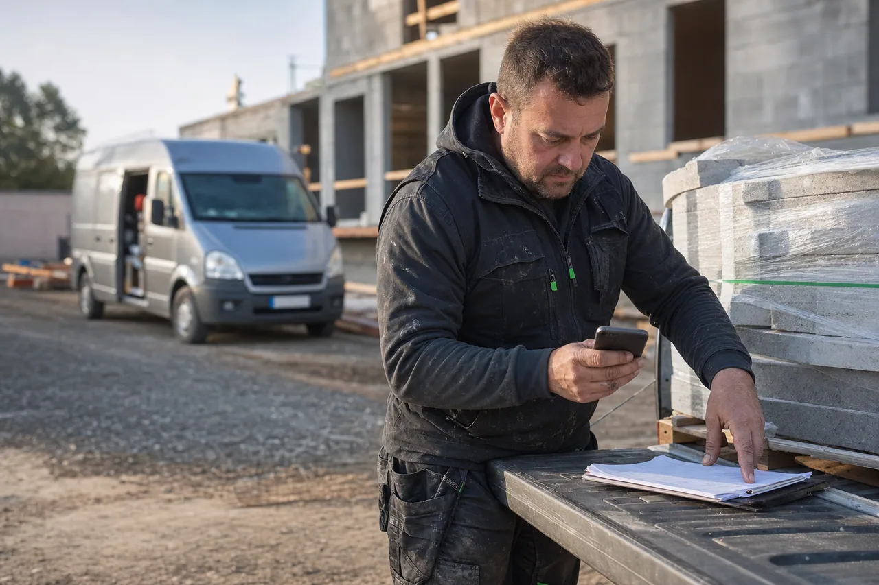 A tradesperson checking paperwork beside materials at a construction site