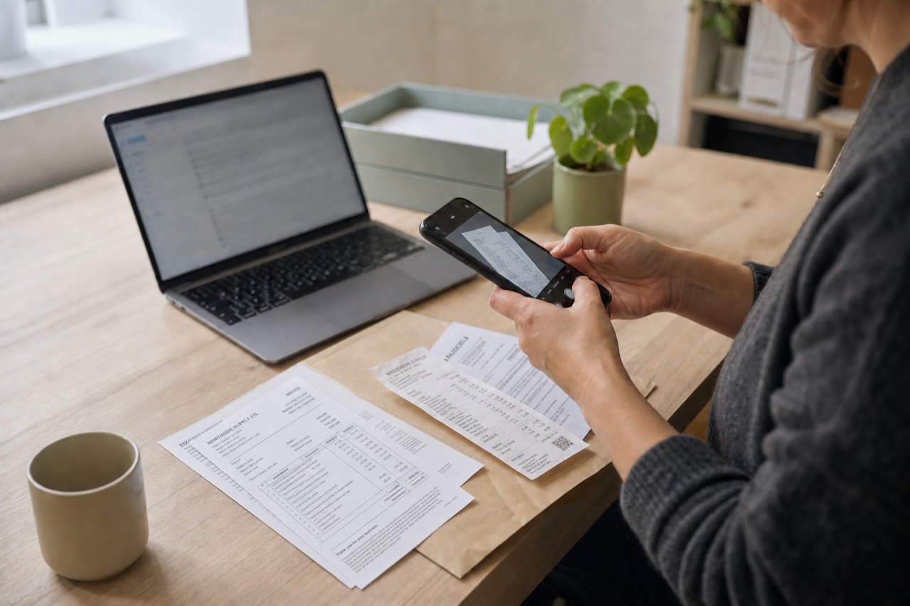 A business owner photographing a paper receipt beside a laptop and a small stack of invoices