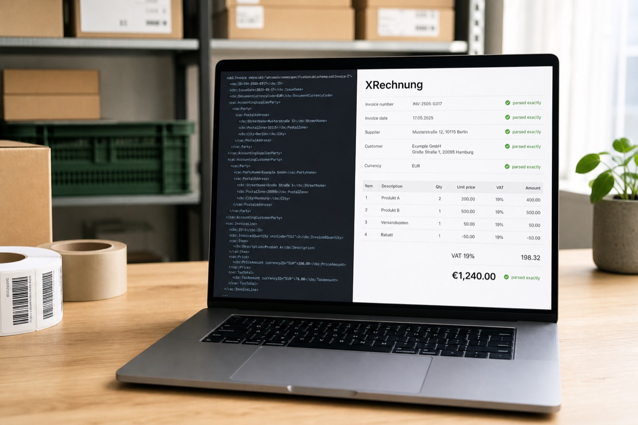 A bright laptop showing XRechnung XML extracted into exact invoice fields