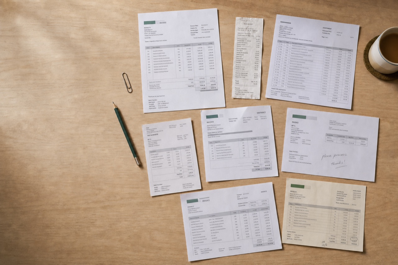 Different kinds of financial documents arranged across a bookkeeper's desk