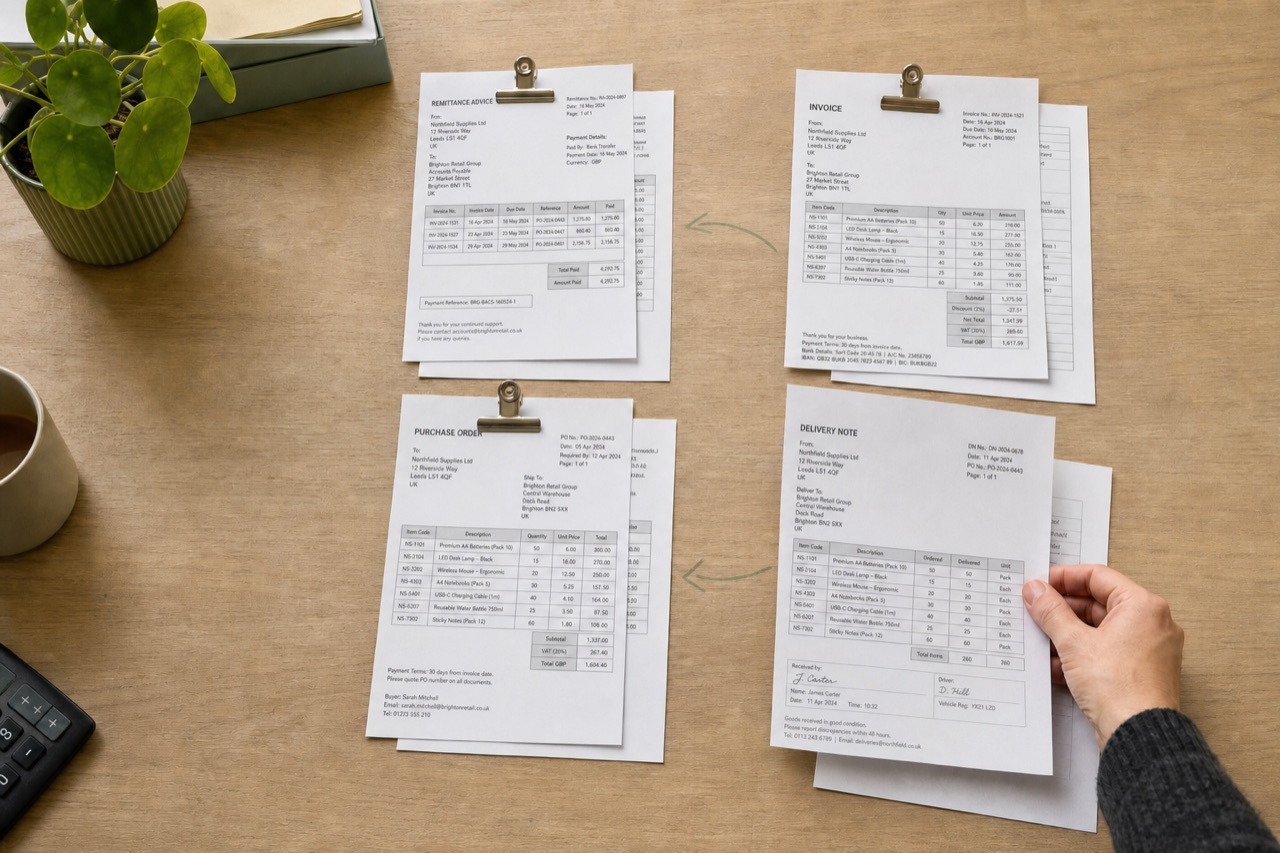 Related invoices and financial documents paired together on a desk