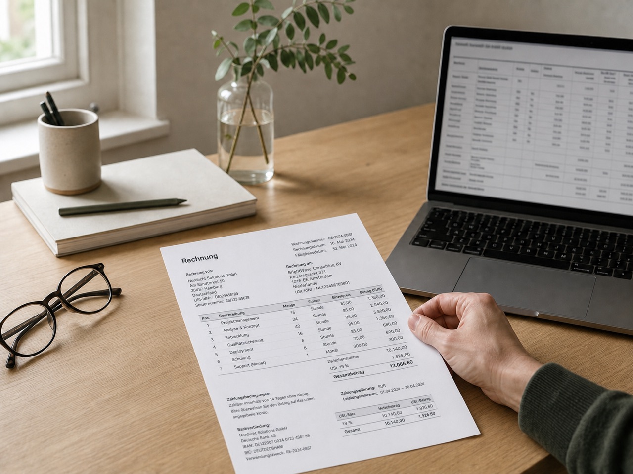 A structured invoice being reviewed beside a laptop on a small-business desk