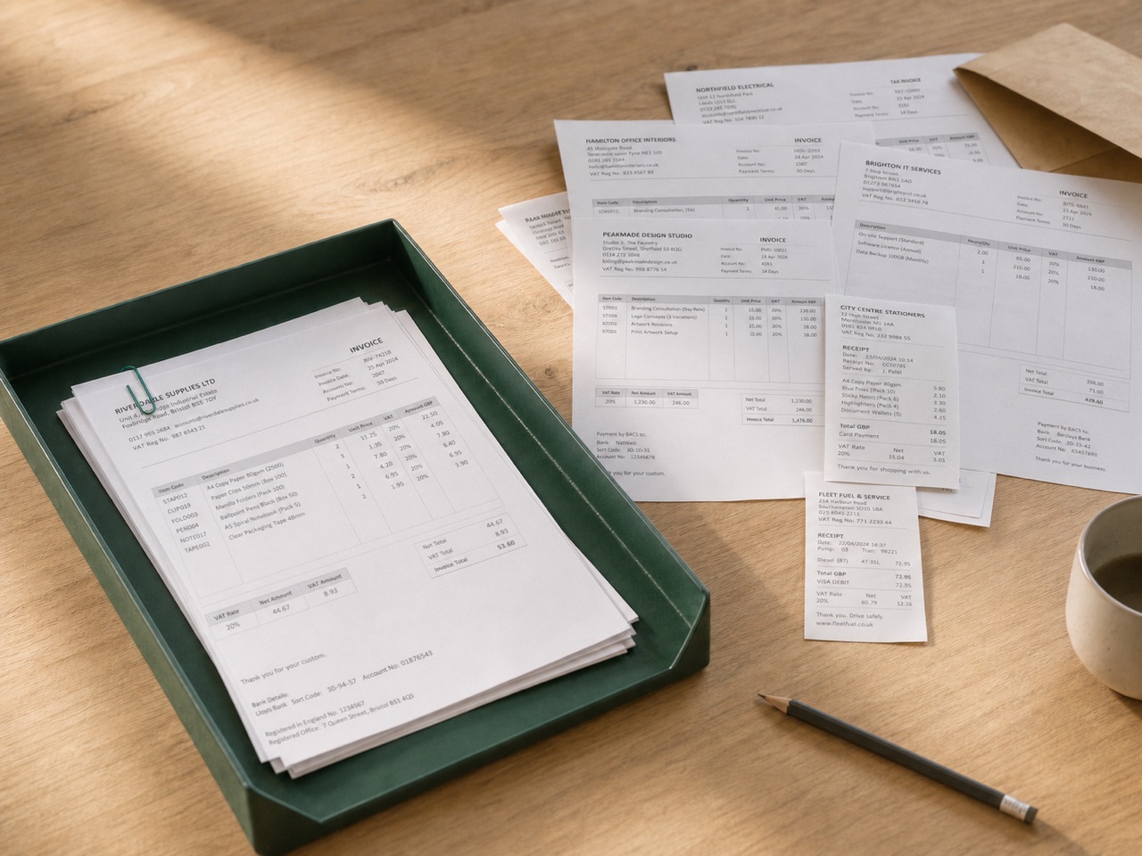 Loose invoices and receipts being sorted into a neat green in-tray